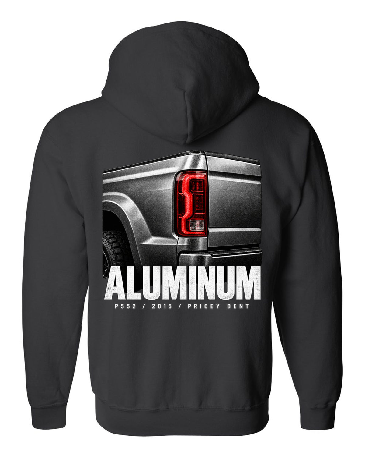 Macro print of a 2015-20 Ford F-150 P552 tailgate with aluminum and pricey dent text black zip hoodie back view with the design