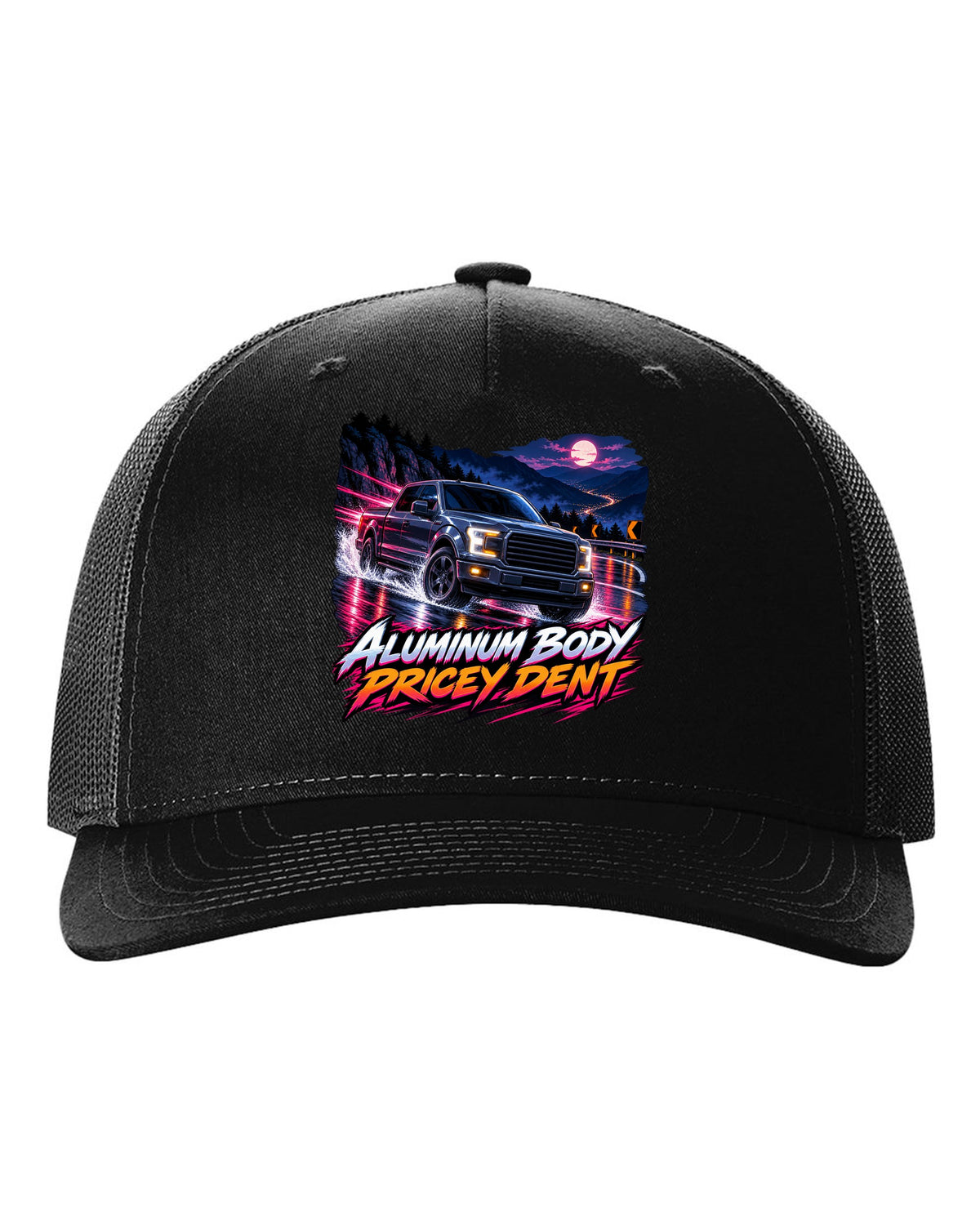 Cel-shaded anime night mountain pass print of a 2015-20 Ford F-150 P552 truck black hat front view with the design