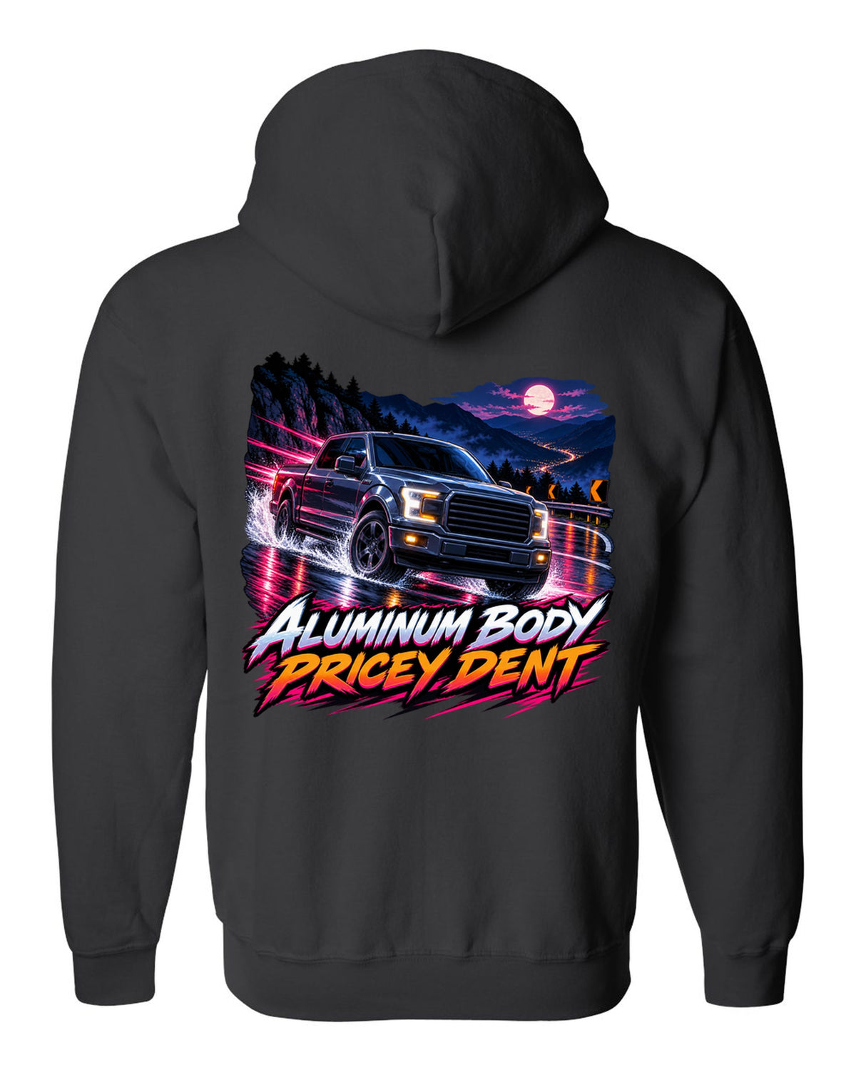 Cel-shaded anime night mountain pass print of a 2015-20 Ford F-150 P552 truck black zip hoodie back view with the design