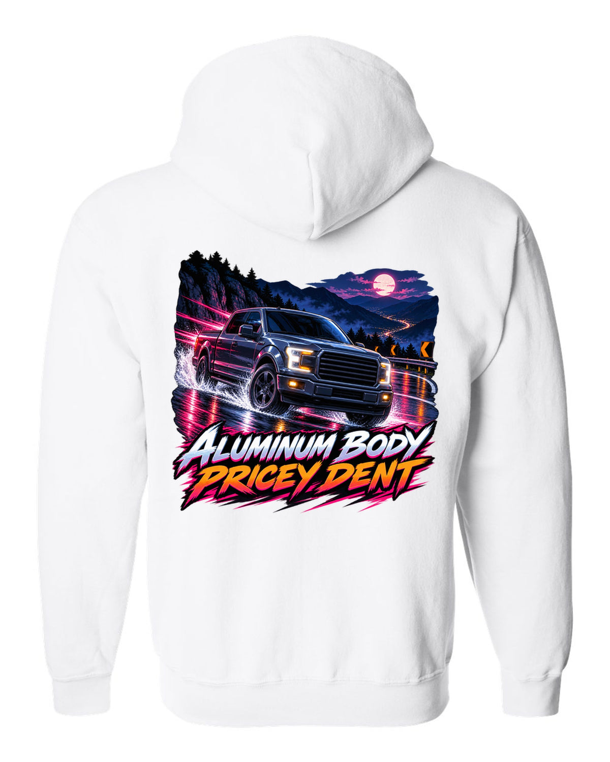 Cel-shaded anime night mountain pass print of a 2015-20 Ford F-150 P552 truck white zip hoodie back view with the design