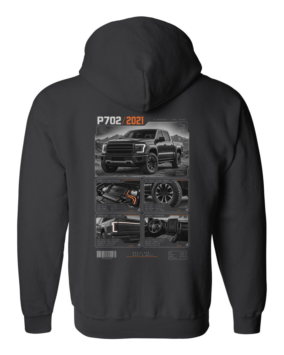 Dossier panel print of a 2021 Ford F-150 P702 light bar with five engines text black zip hoodie back view with the design