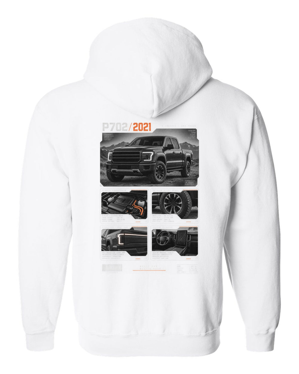 Dossier panel print of a 2021 Ford F-150 P702 light bar with five engines text white zip hoodie back view with the design