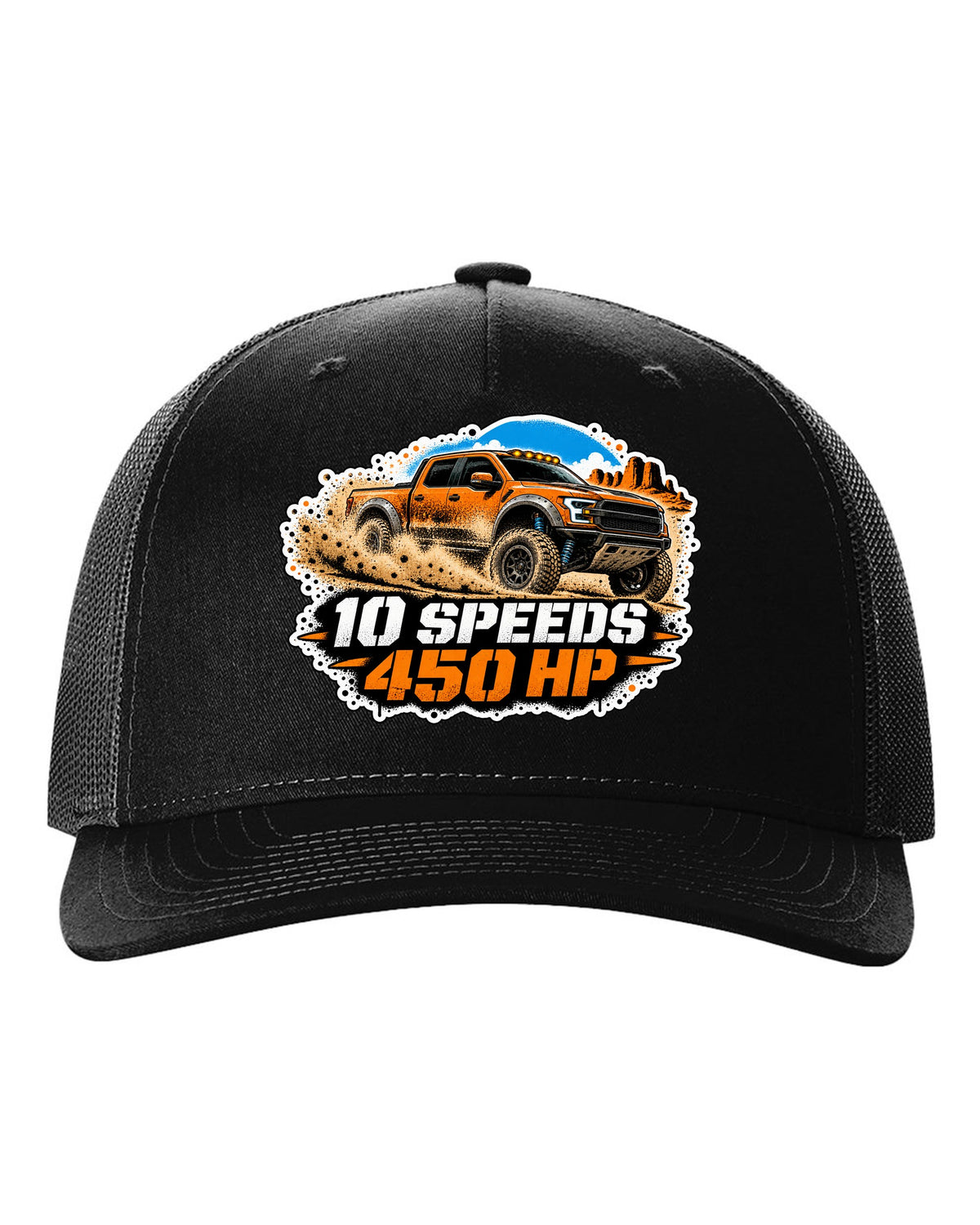 Spray stencil street art print of a 2017-20 Ford F-150 Raptor Gen 2 P552 in desert dust black hat front view with the design