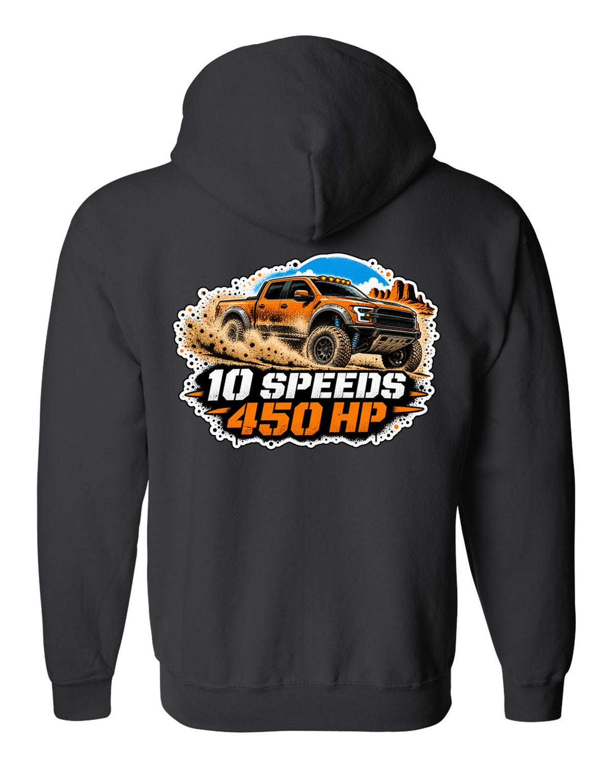 Spray stencil street art print of a 2017-20 Ford F-150 Raptor Gen 2 P552 in desert dust black zip hoodie back view with the design