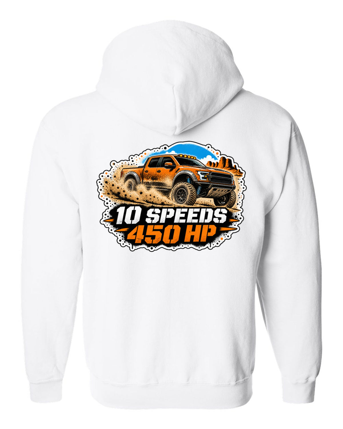 Spray stencil street art print of a 2017-20 Ford F-150 Raptor Gen 2 P552 in desert dust white zip hoodie back view with the design
