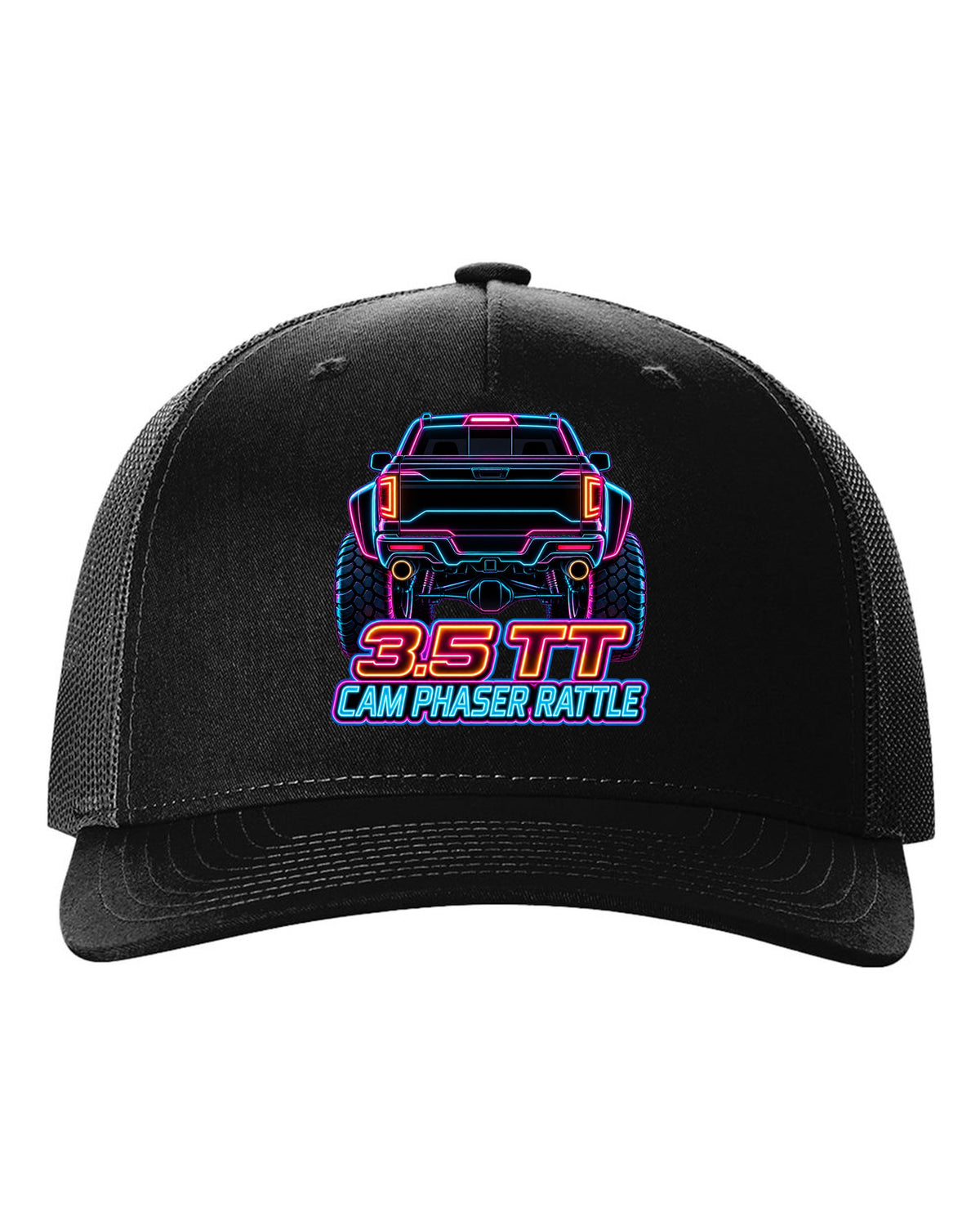 Neon outline print of a 2017-2020 Ford F-150 Raptor Gen 2 P552 taillights on black black hat front view with the design