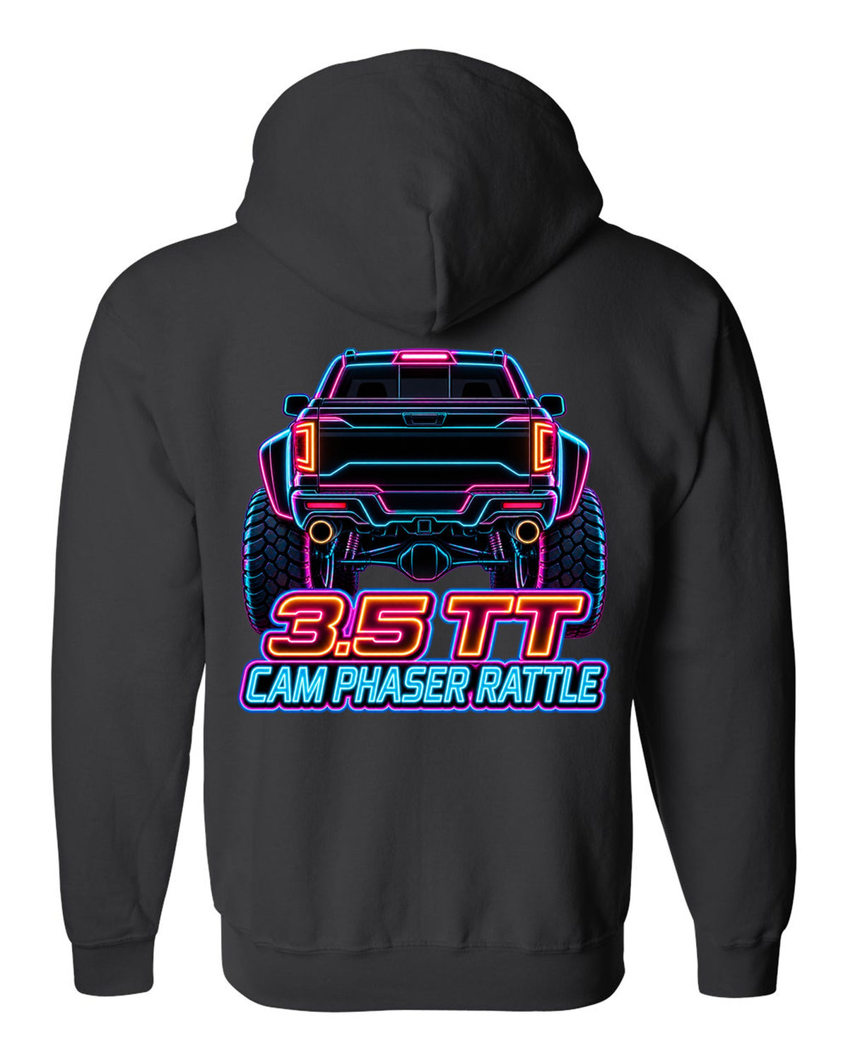 Neon outline print of a 2017-2020 Ford F-150 Raptor Gen 2 P552 taillights on black black zip hoodie back view with the design