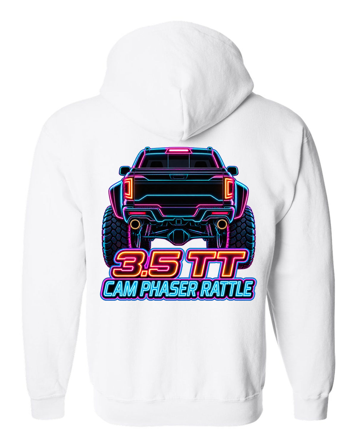 Neon outline print of a 2017-2020 Ford F-150 Raptor Gen 2 P552 taillights on black white zip hoodie back view with the design