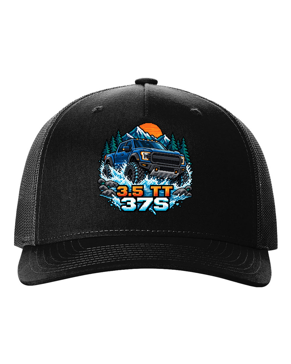 8/16-bit pixel art print of a Ford F-150 Raptor Gen 3 P702 crossing a river black hat front view with the design