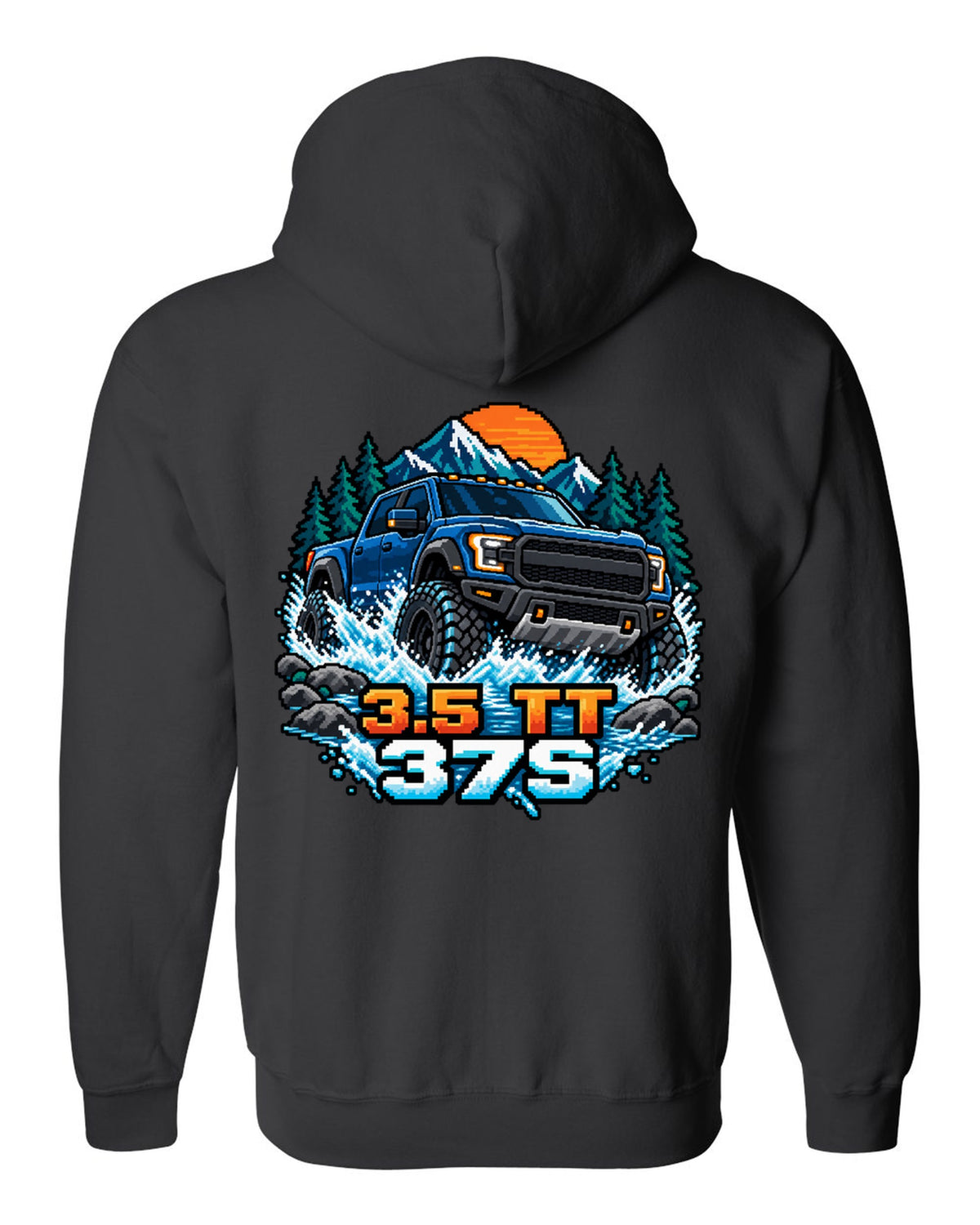 8/16-bit pixel art print of a Ford F-150 Raptor Gen 3 P702 crossing a river black zip hoodie back view with the design