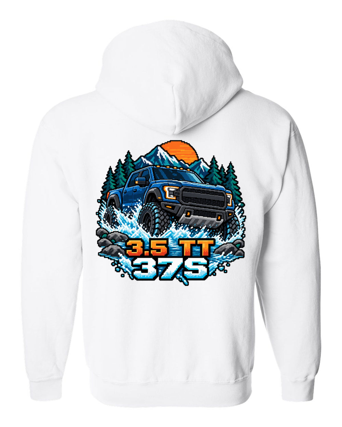 8/16-bit pixel art print of a Ford F-150 Raptor Gen 3 P702 crossing a river white zip hoodie back view with the design