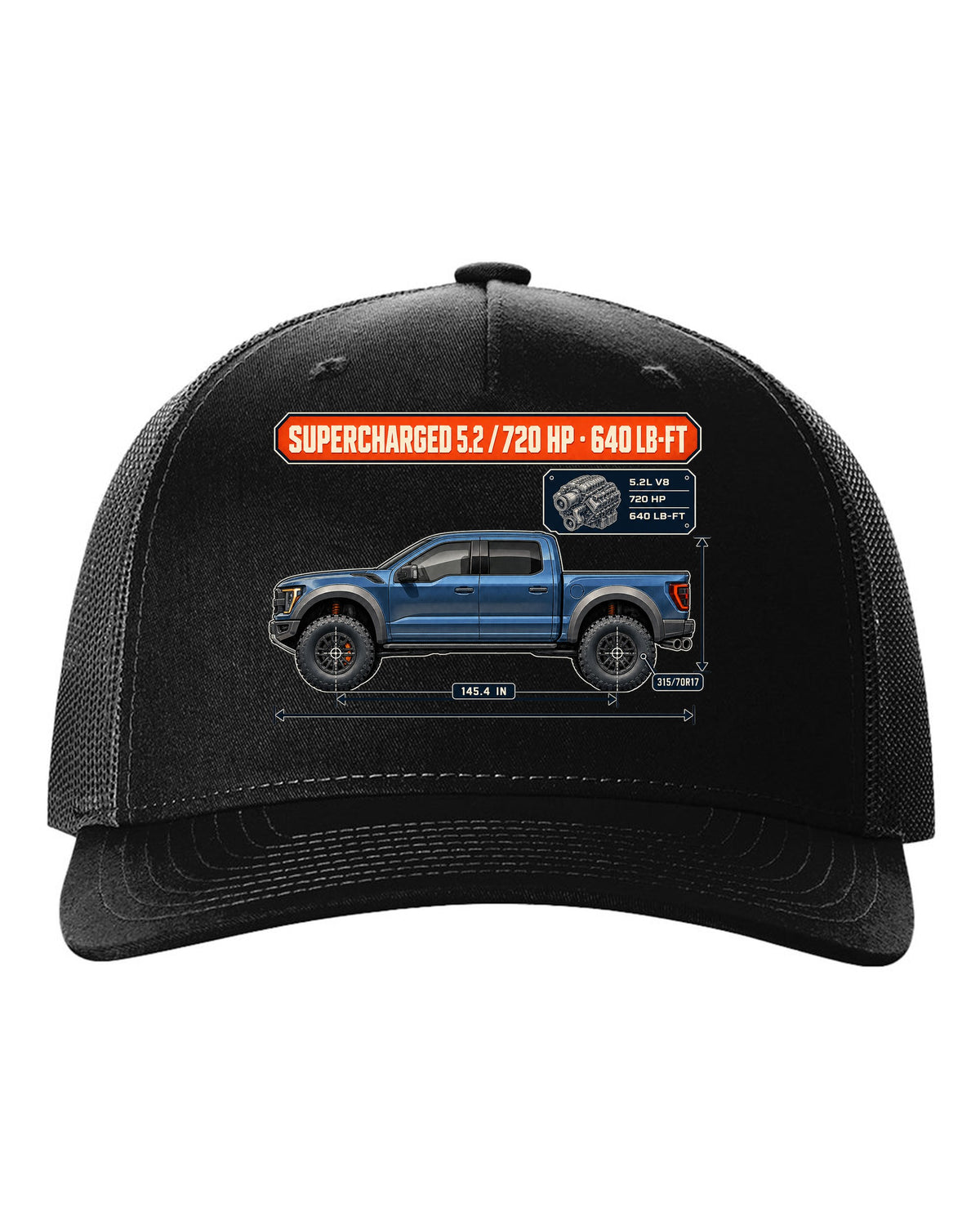 Ford F-150 Raptor R 2023 dimension blueprint print with 720 HP spec black hat front view with the design