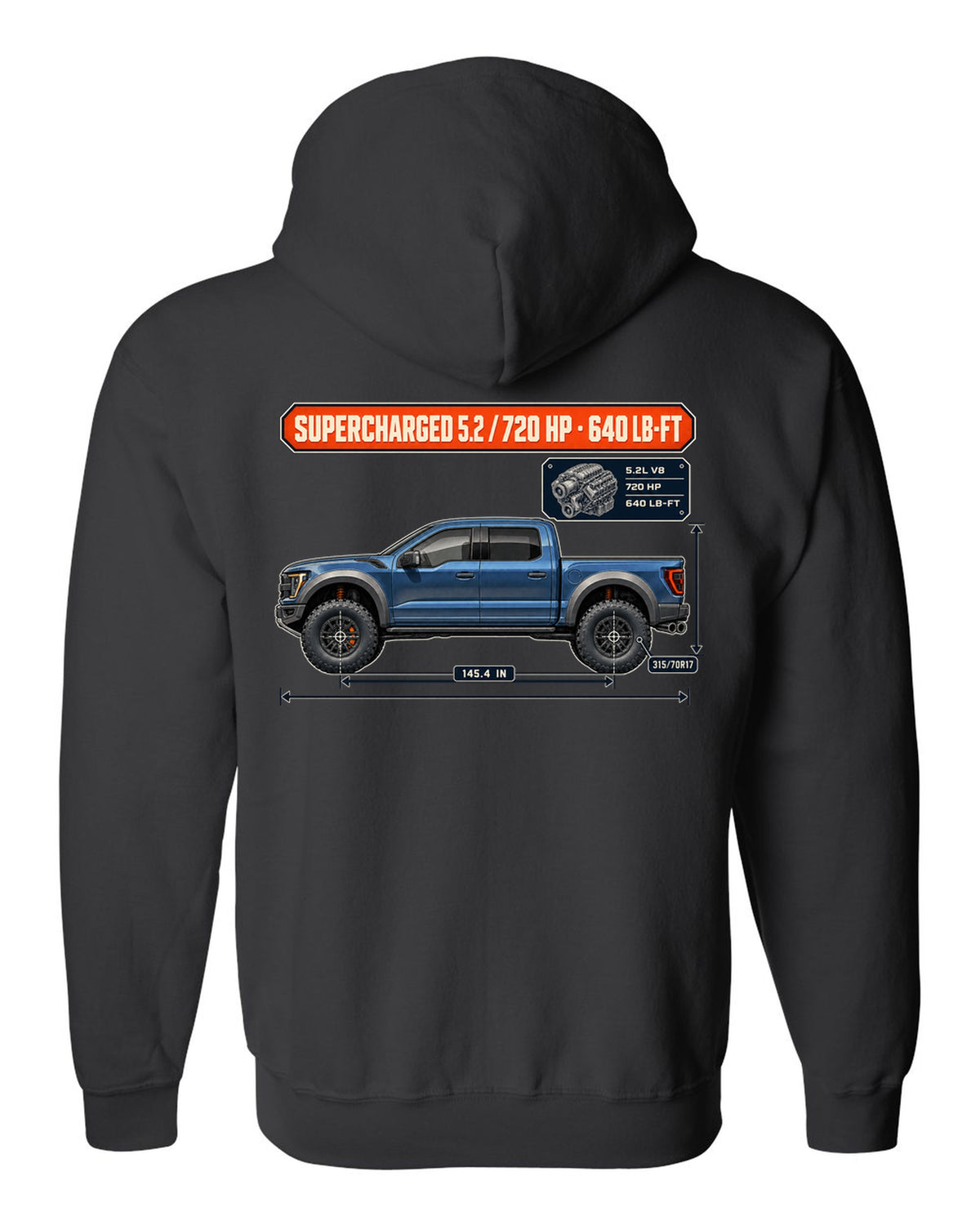 Ford F-150 Raptor R 2023 dimension blueprint print with 720 HP spec black zip hoodie back view with the design