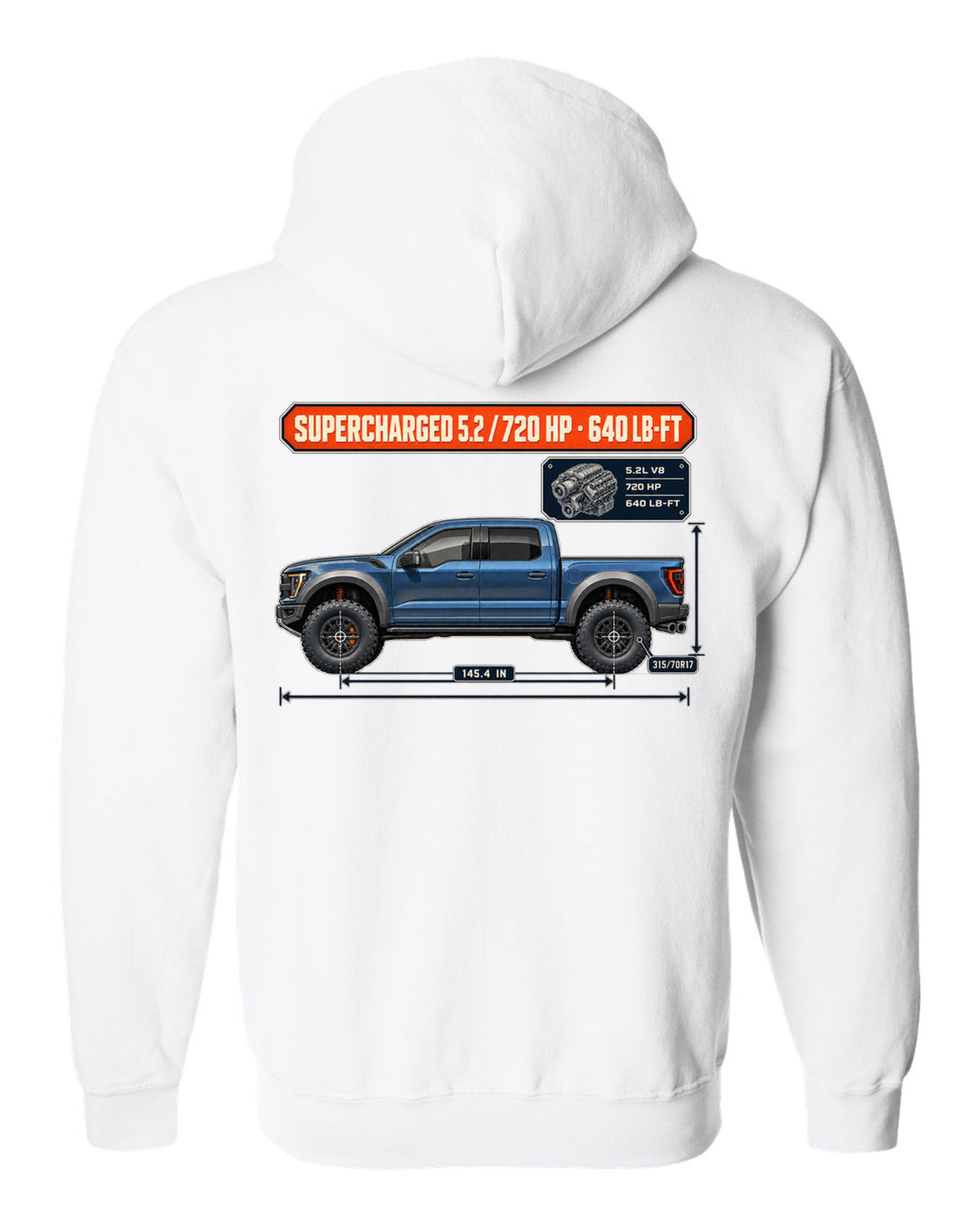 Ford F-150 Raptor R 2023 dimension blueprint print with 720 HP spec white zip hoodie back view with the design