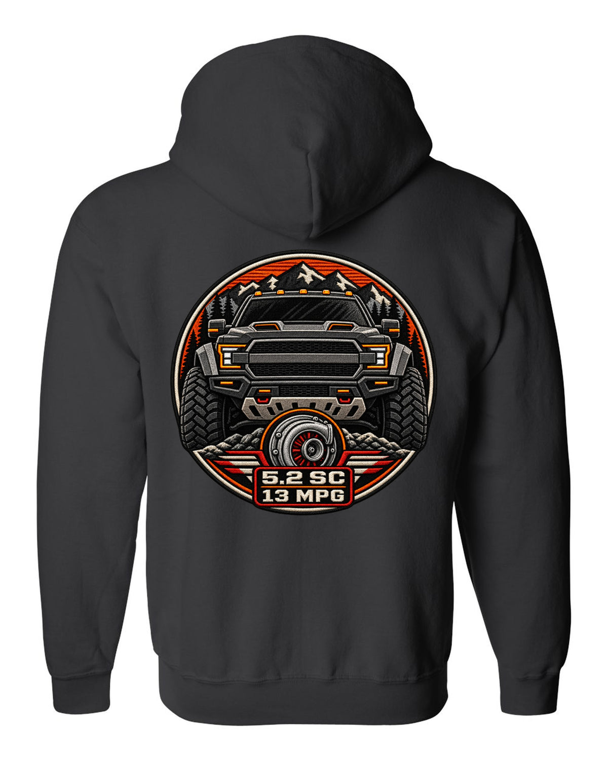 Varsity badge crest print of the Ford F-150 Raptor R P702 with 5.2 SC and 13 MPG text black zip hoodie back view with the design