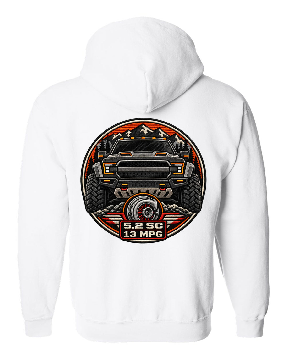 Varsity badge crest print of the Ford F-150 Raptor R P702 with 5.2 SC and 13 MPG text white zip hoodie back view with the design