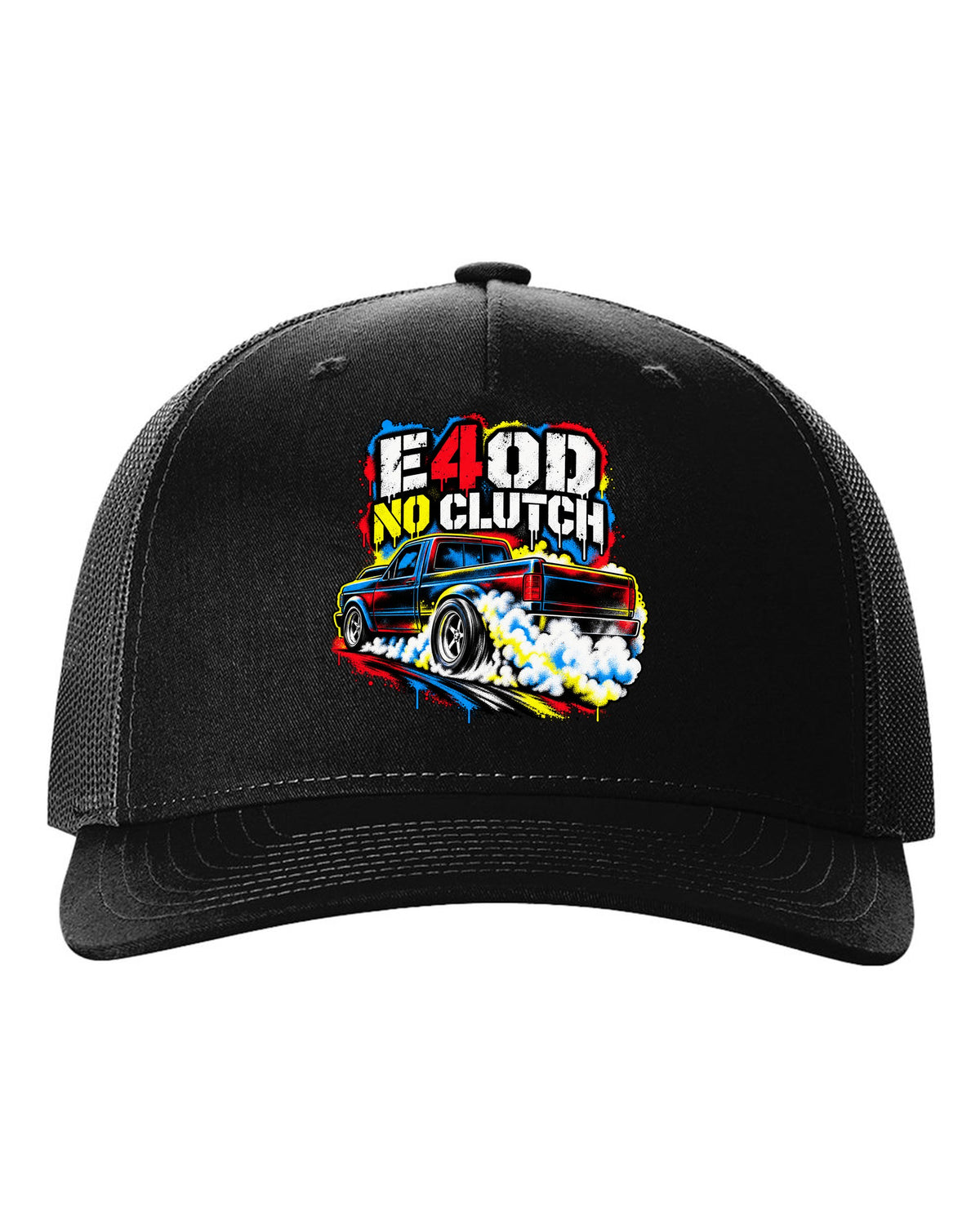 Ford F-150 SVT Lightning first gen burnout in a stencil spray print black hat front view with the design