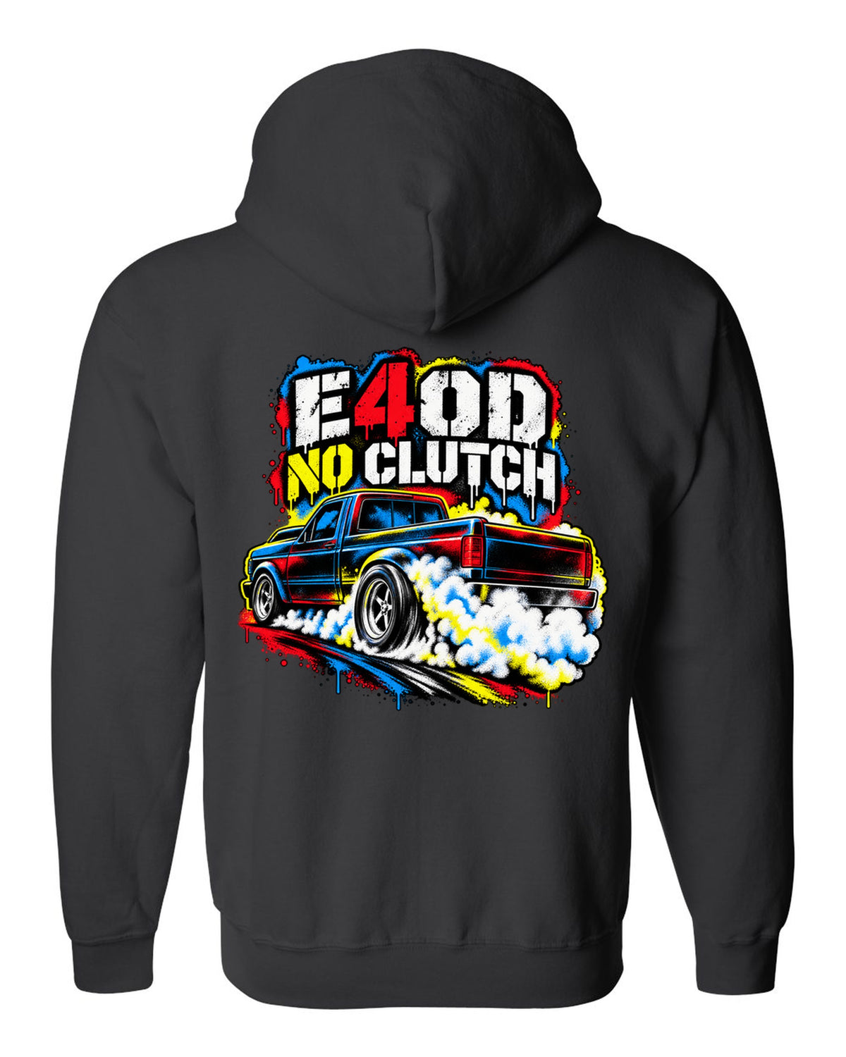 Ford F-150 SVT Lightning first gen burnout in a stencil spray print black zip hoodie back view with the design