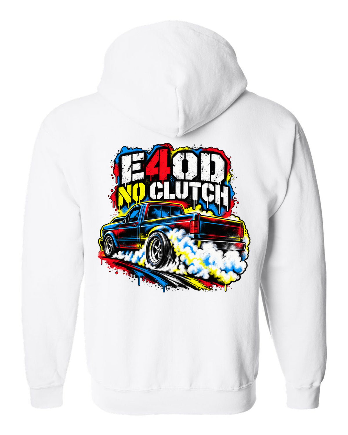 Ford F-150 SVT Lightning first gen burnout in a stencil spray print white zip hoodie back view with the design