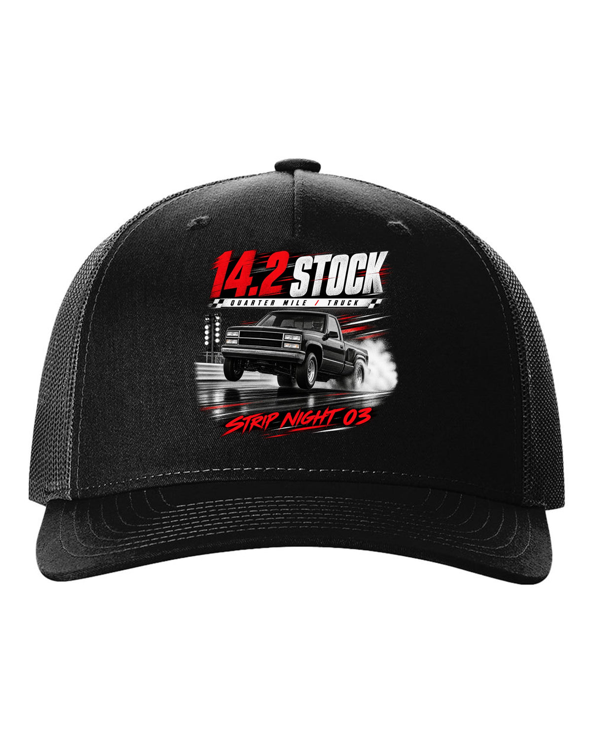 Race poster print of a 1993-95 Ford F-150 SVT Lightning with 14.2 quarter mile text black hat front view with the design