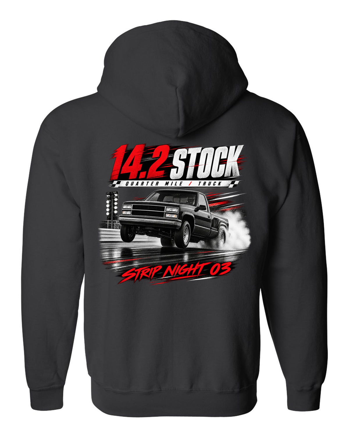 Race poster print of a 1993-95 Ford F-150 SVT Lightning with 14.2 quarter mile text black zip hoodie back view with the design