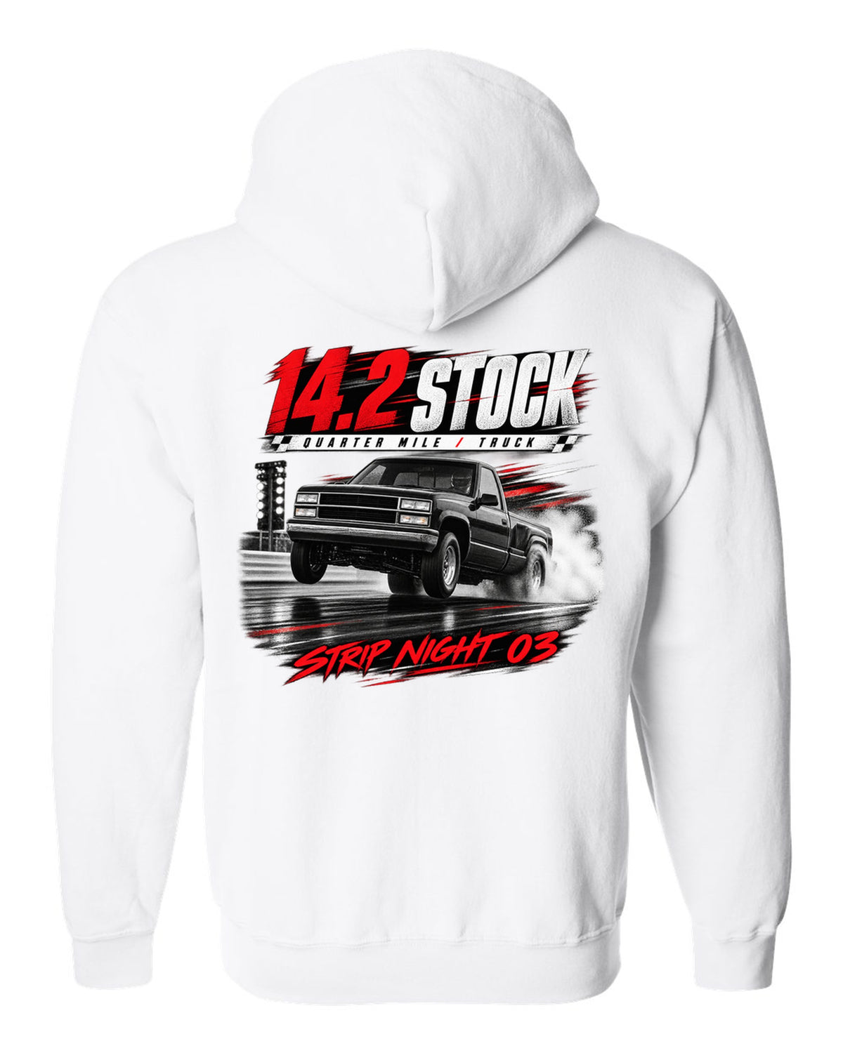 Race poster print of a 1993-95 Ford F-150 SVT Lightning with 14.2 quarter mile text white zip hoodie back view with the design