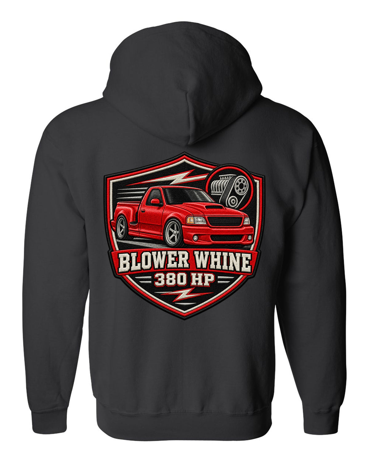 Ford F-150 SVT Lightning 1999-2004 in an embroidered varsity crest print black zip hoodie back view with the design