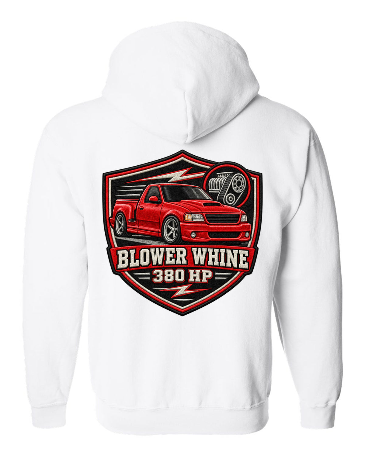 Ford F-150 SVT Lightning 1999-2004 in an embroidered varsity crest print white zip hoodie back view with the design