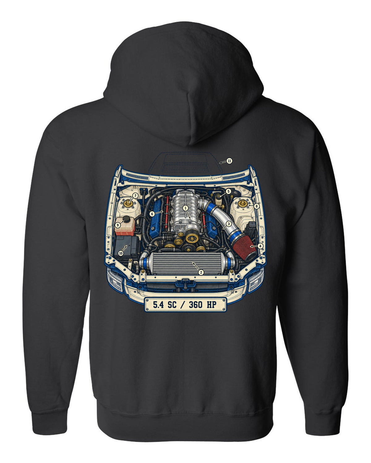 Ford F-150 SVT Lightning second generation as a patent-style technical drawing black zip hoodie back view with the design