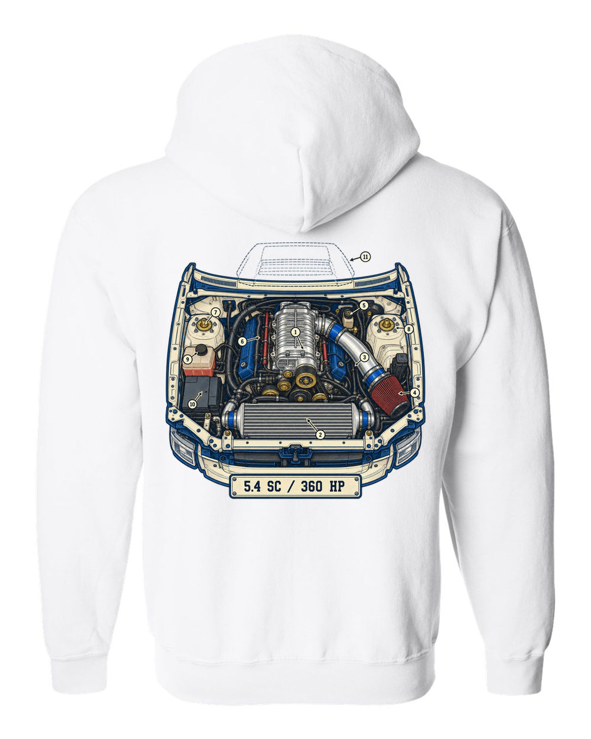 Ford F-150 SVT Lightning second generation as a patent-style technical drawing white zip hoodie back view with the design