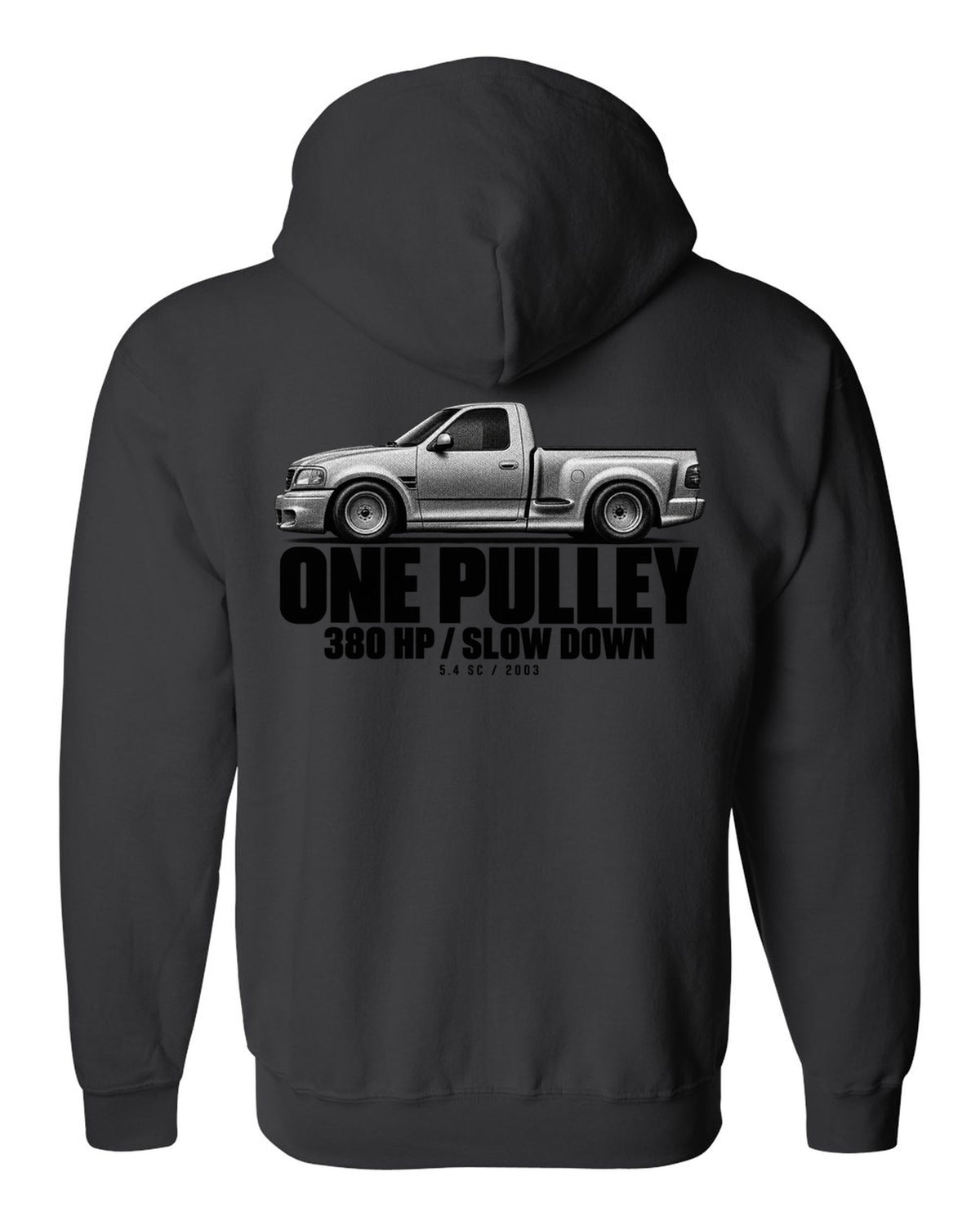 Halftone print of a 2002-03 Ford F-150 SVT Lightning with 380 HP text black zip hoodie back view with the design