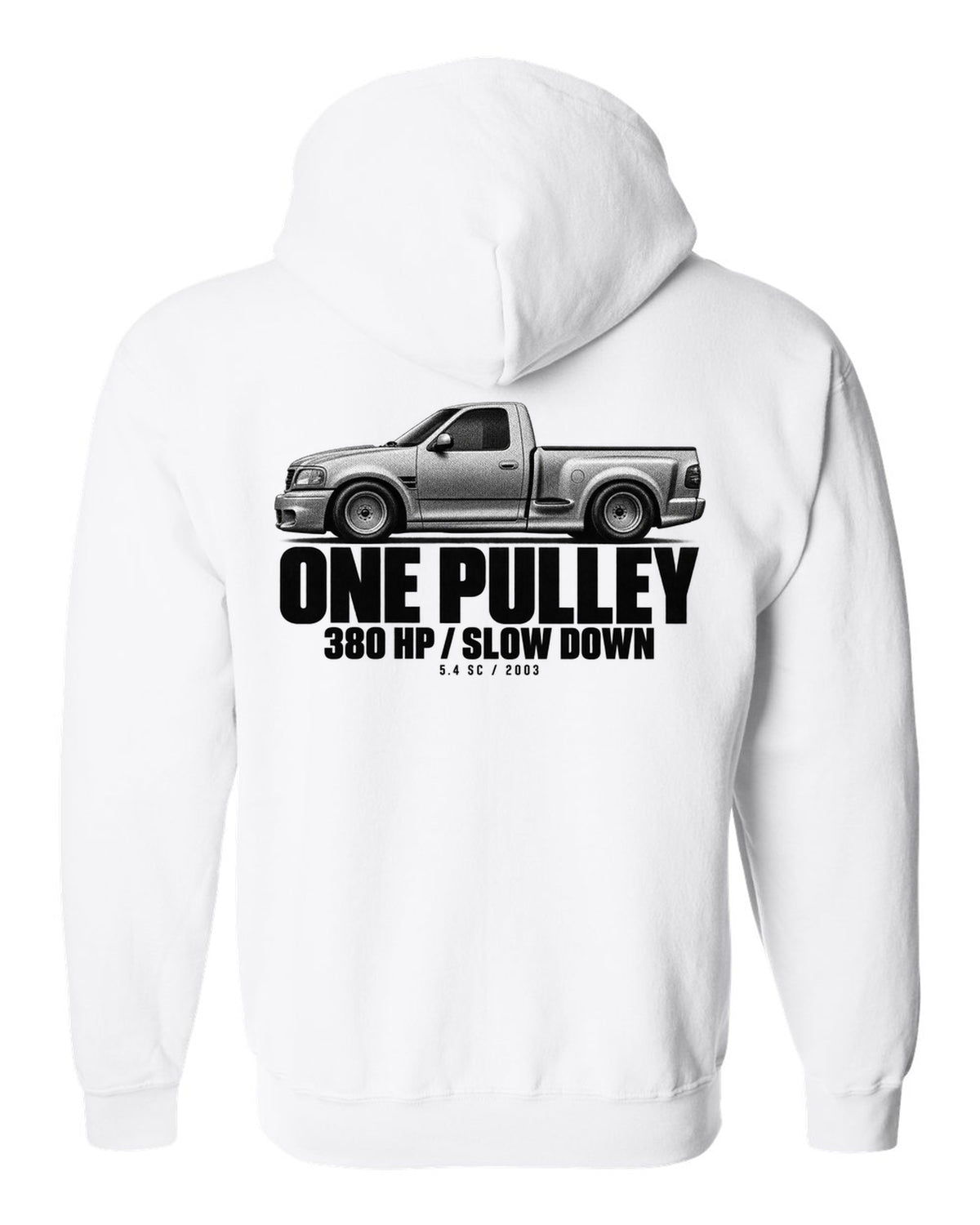 Halftone print of a 2002-03 Ford F-150 SVT Lightning with 380 HP text white zip hoodie back view with the design