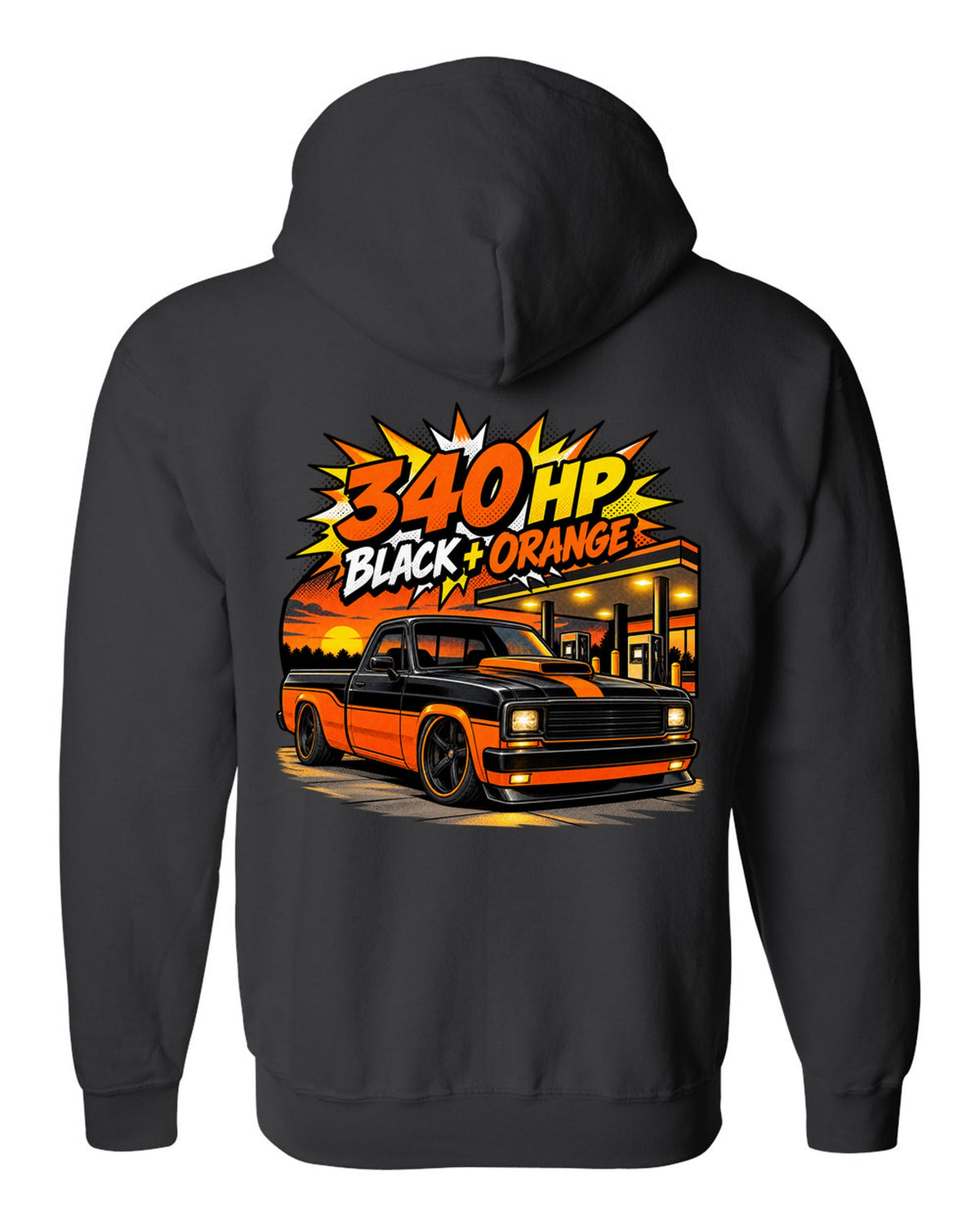 Ford F-150 SVT Lightning Harley edition in a comic halftone pop-art print black zip hoodie back view with the design