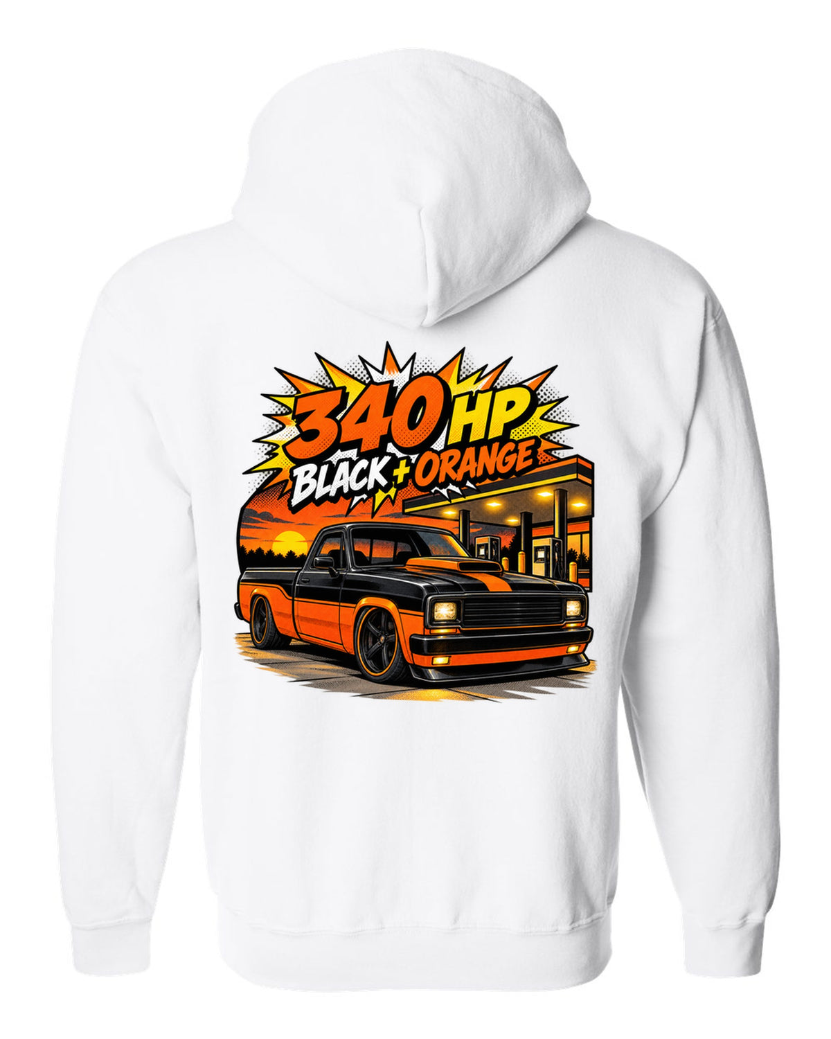 Ford F-150 SVT Lightning Harley edition in a comic halftone pop-art print white zip hoodie back view with the design