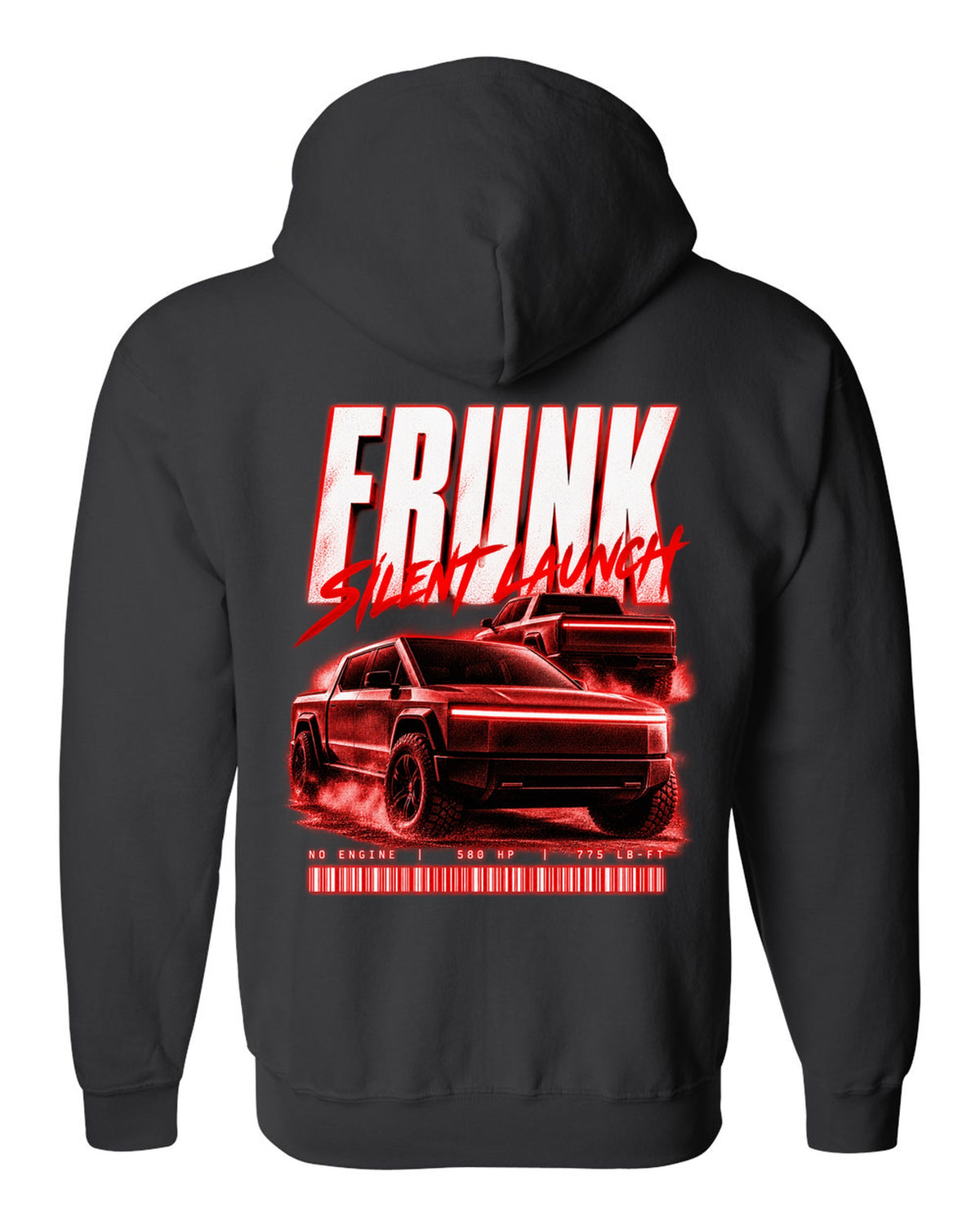 Ford F-150 Lightning EV street poster print with frunk, silent launch and 775 lb-ft black zip hoodie back view with the design
