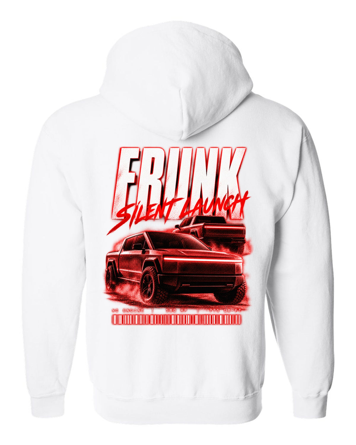Ford F-150 Lightning EV street poster print with frunk, silent launch and 775 lb-ft white zip hoodie back view with the design
