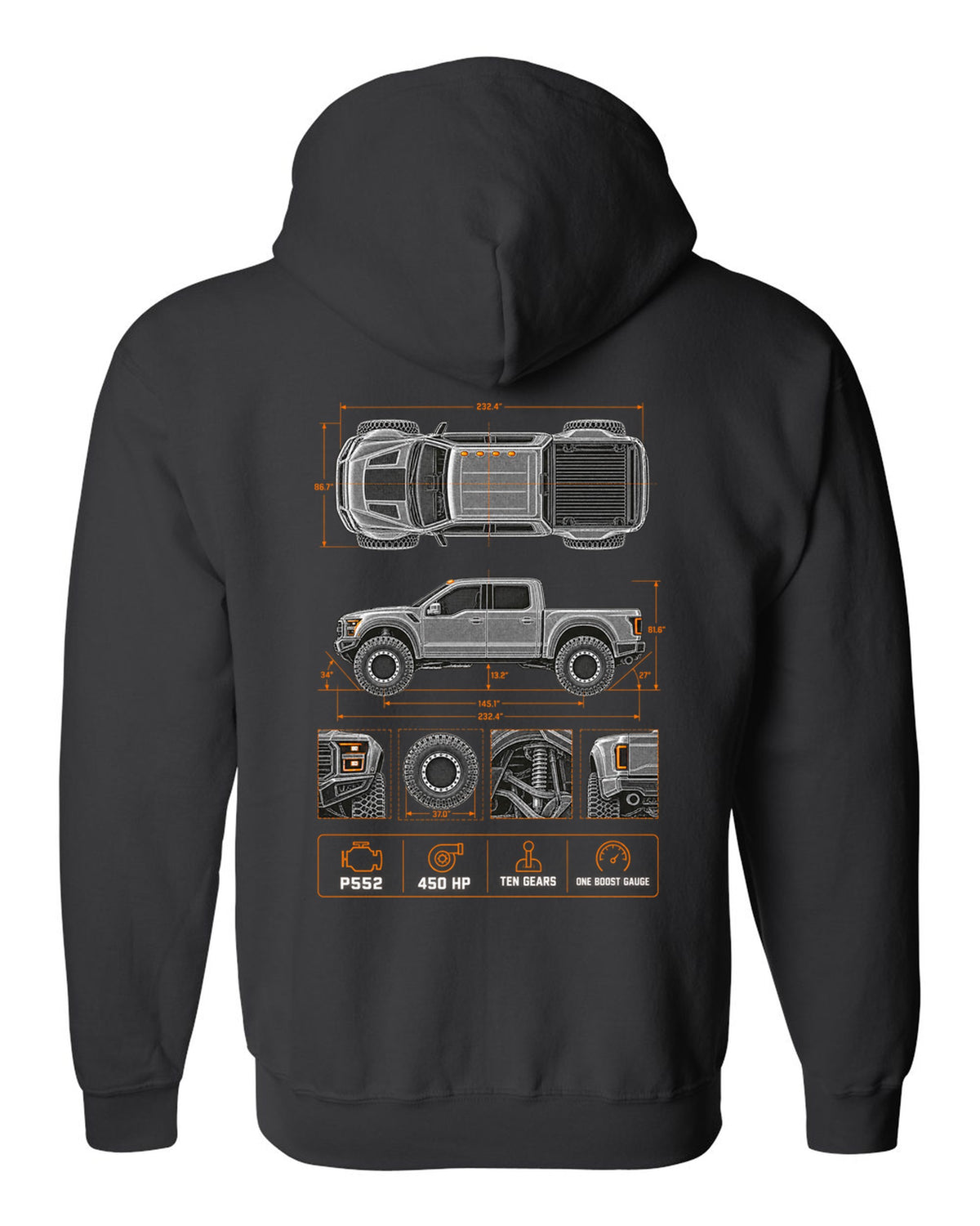 Ford F-150 Raptor Gen 2 P552 spec poster print with 450 HP and ten gears black zip hoodie back view with the design