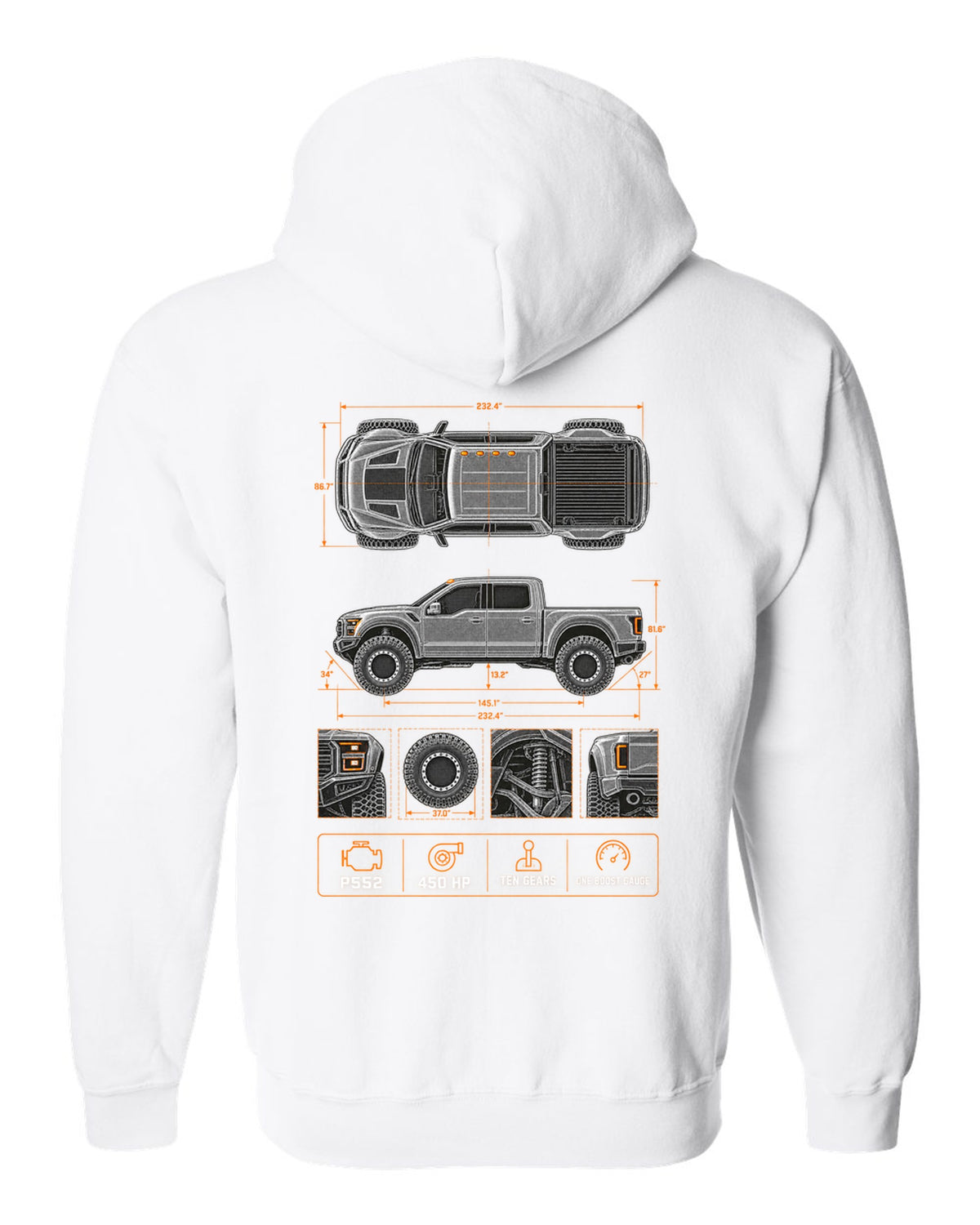 Ford F-150 Raptor Gen 2 P552 spec poster print with 450 HP and ten gears white zip hoodie back view with the design