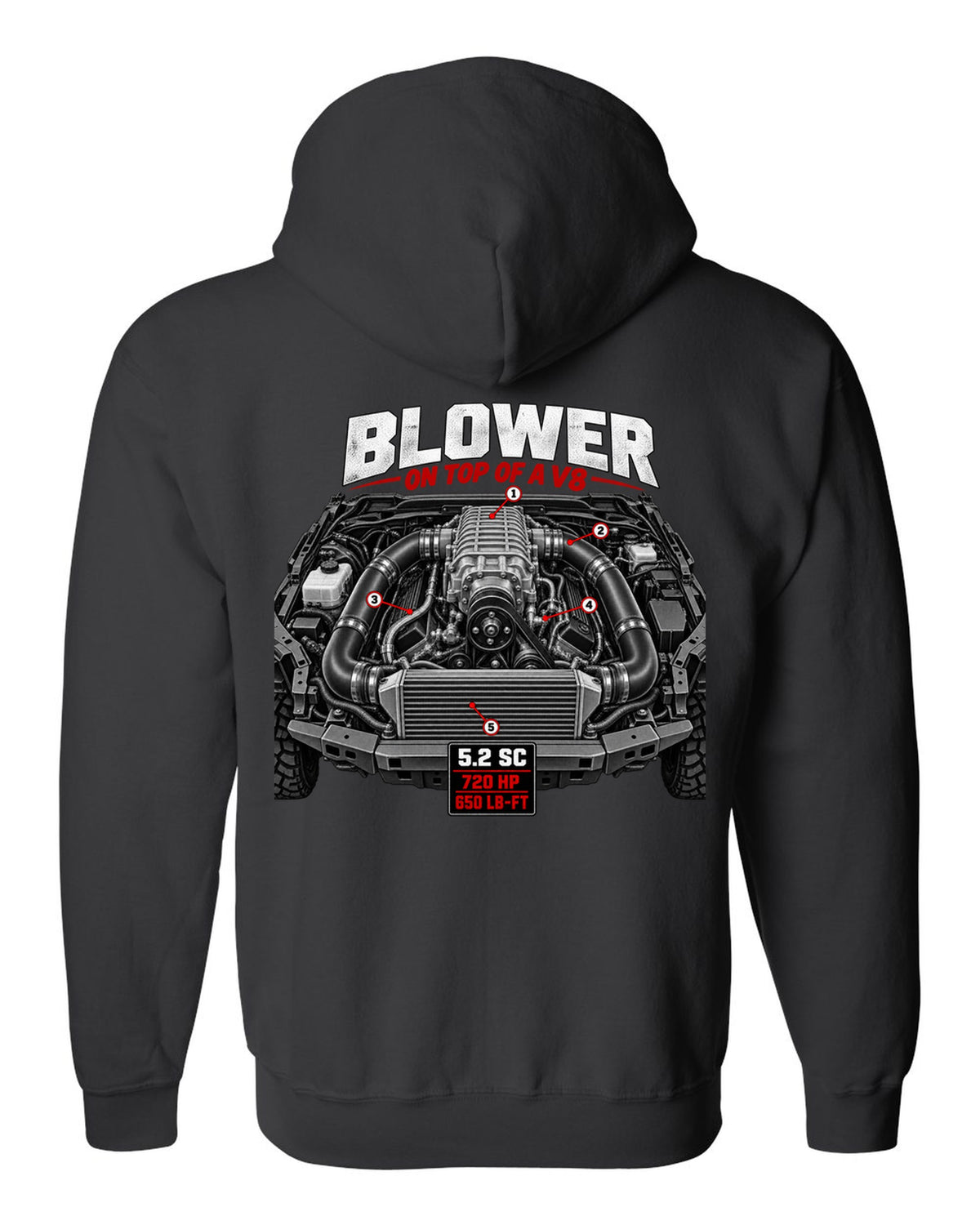 Ford F-150 Raptor R P702 engine hero print with 5.2 supercharged V8 and 720 HP black zip hoodie back view with the design