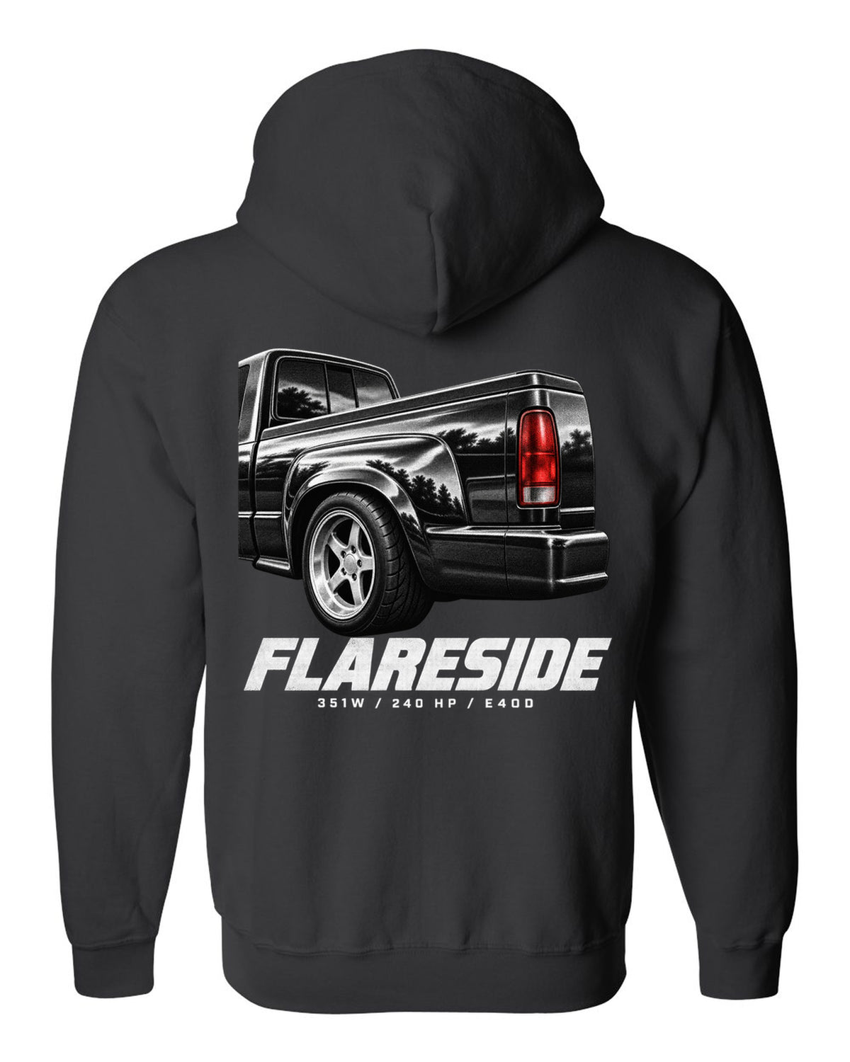 Ford F-150 SVT Lightning 1993-95 flareside taillight macro print with 351W and 240 HP black zip hoodie back view with the design