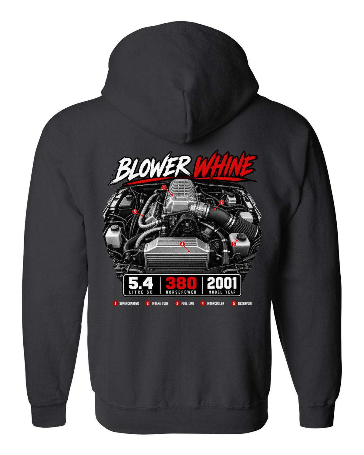 Ford F-150 SVT Lightning 1999-2004 engine hero print with blower whine and 5.4 SC black zip hoodie back view with the design