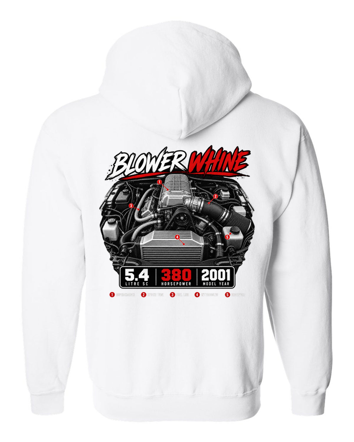 Ford F-150 SVT Lightning 1999-2004 engine hero print with blower whine and 5.4 SC white zip hoodie back view with the design