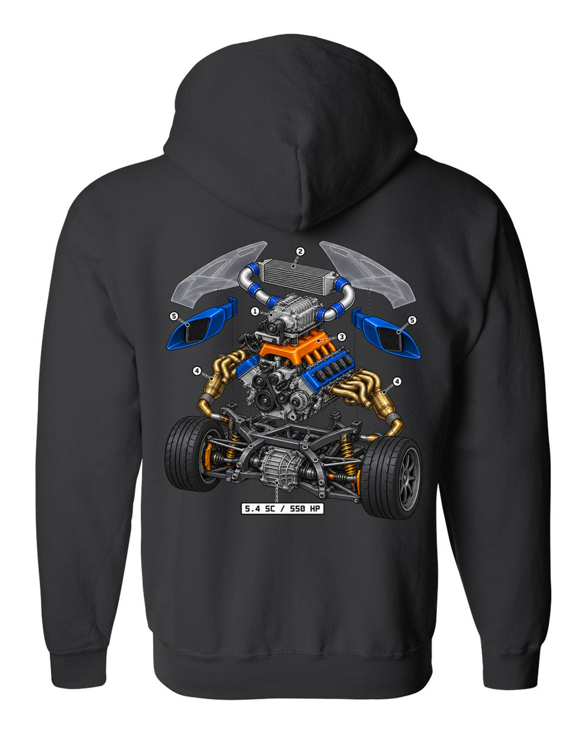 Ford GT 2005-2006 supercharged V8 in an isometric exploded view print black zip hoodie back view with the design