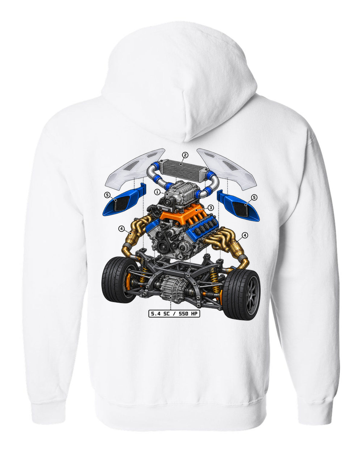 Ford GT 2005-2006 supercharged V8 in an isometric exploded view print white zip hoodie back view with the design