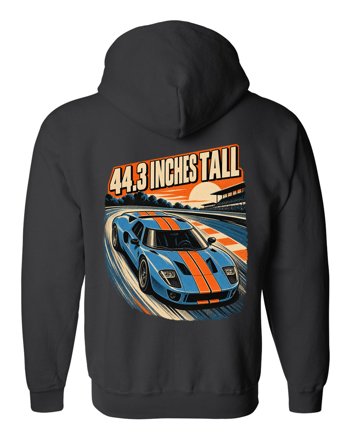Ford GT 2005 overhead in a retro 1960s Le Mans poster print black zip hoodie back view with the design
