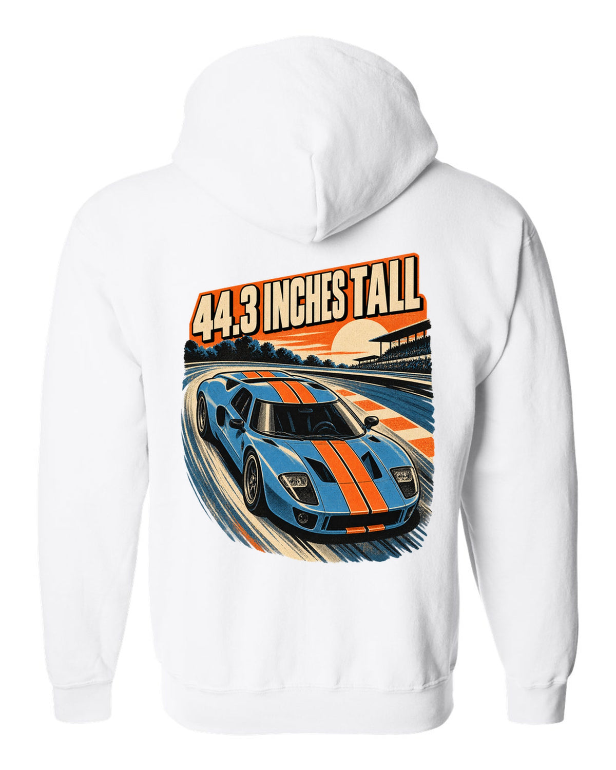 Ford GT 2005 overhead in a retro 1960s Le Mans poster print white zip hoodie back view with the design