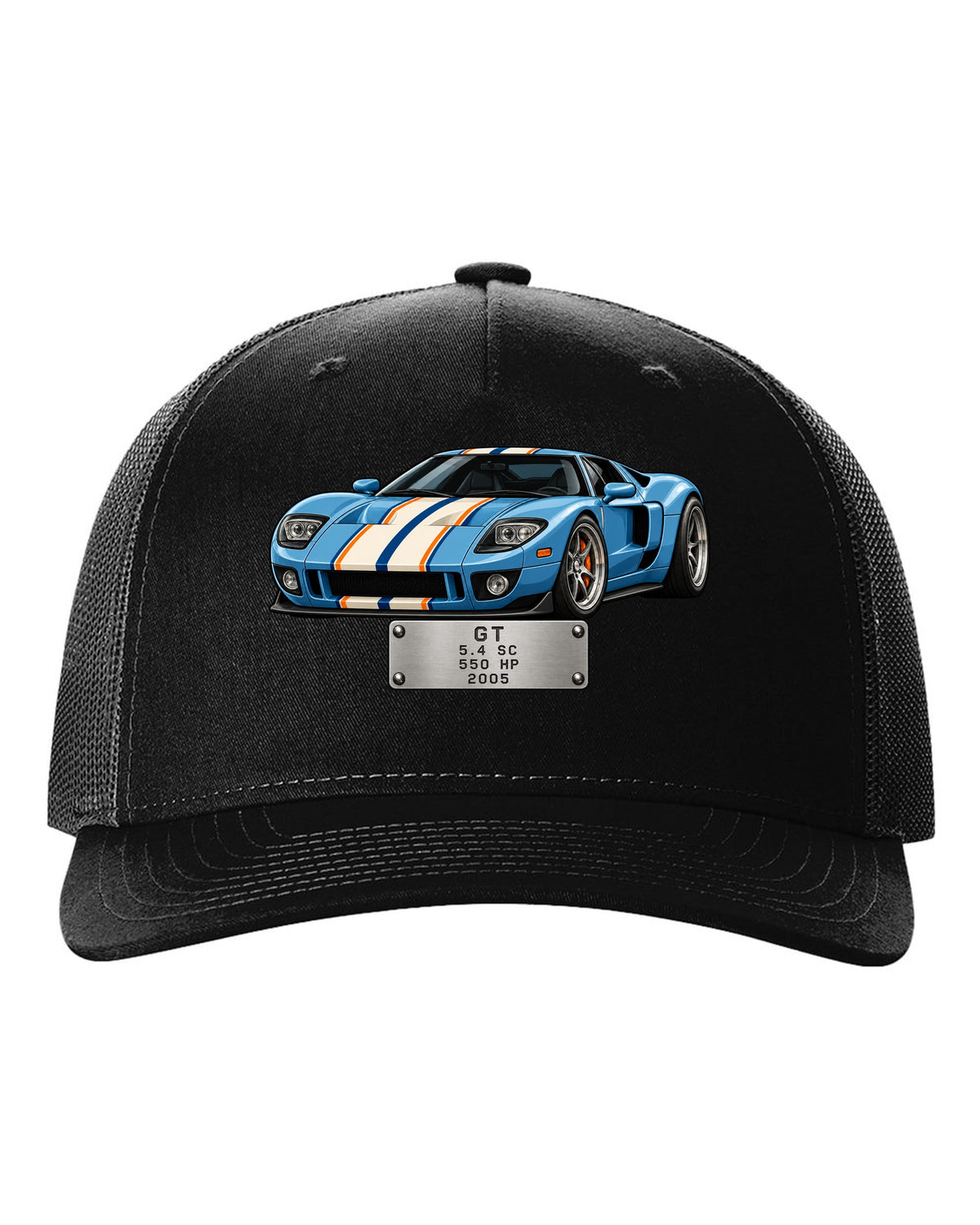 Spec-sheet data plate print for the 2005 Ford GT showing 5.4 SC, 550 HP black hat front view with the design