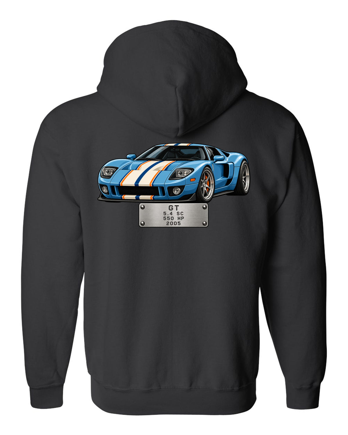 Spec-sheet data plate print for the 2005 Ford GT showing 5.4 SC, 550 HP black zip hoodie back view with the design