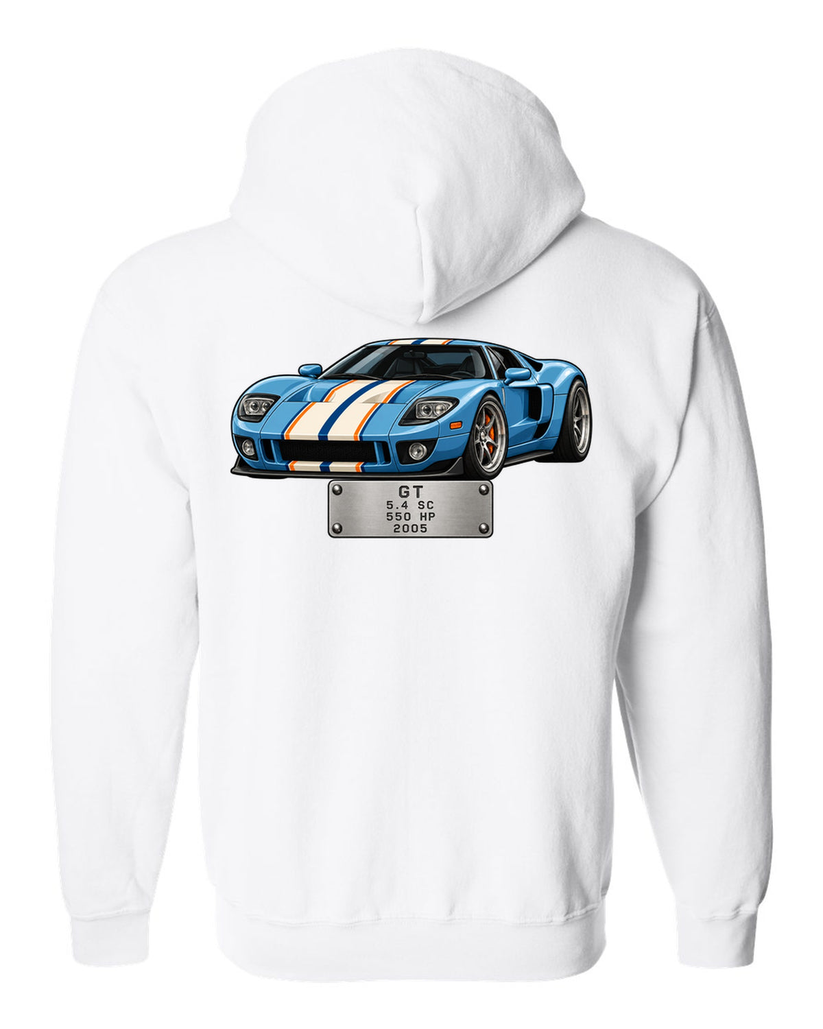 Spec-sheet data plate print for the 2005 Ford GT showing 5.4 SC, 550 HP white zip hoodie back view with the design