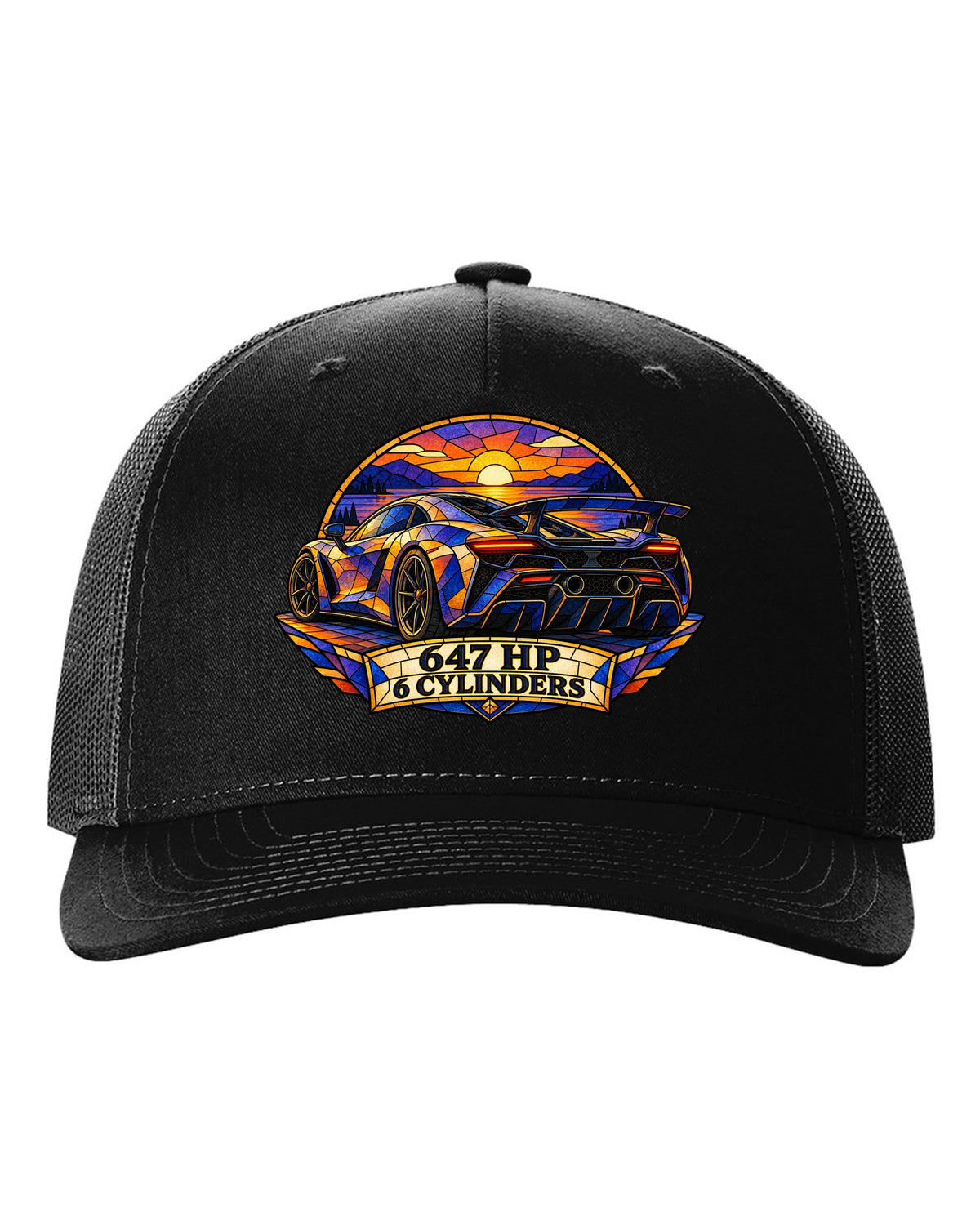 Ford GT 2017-2022 buttress profile in a stained-glass geometric print black hat front view with the design